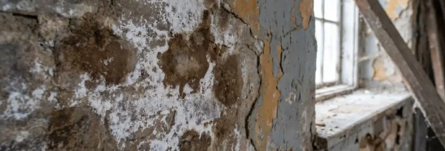 Mur intérieur dégradé par des traces de salpêtre et de moisissures dans une maison ancienne à Tours