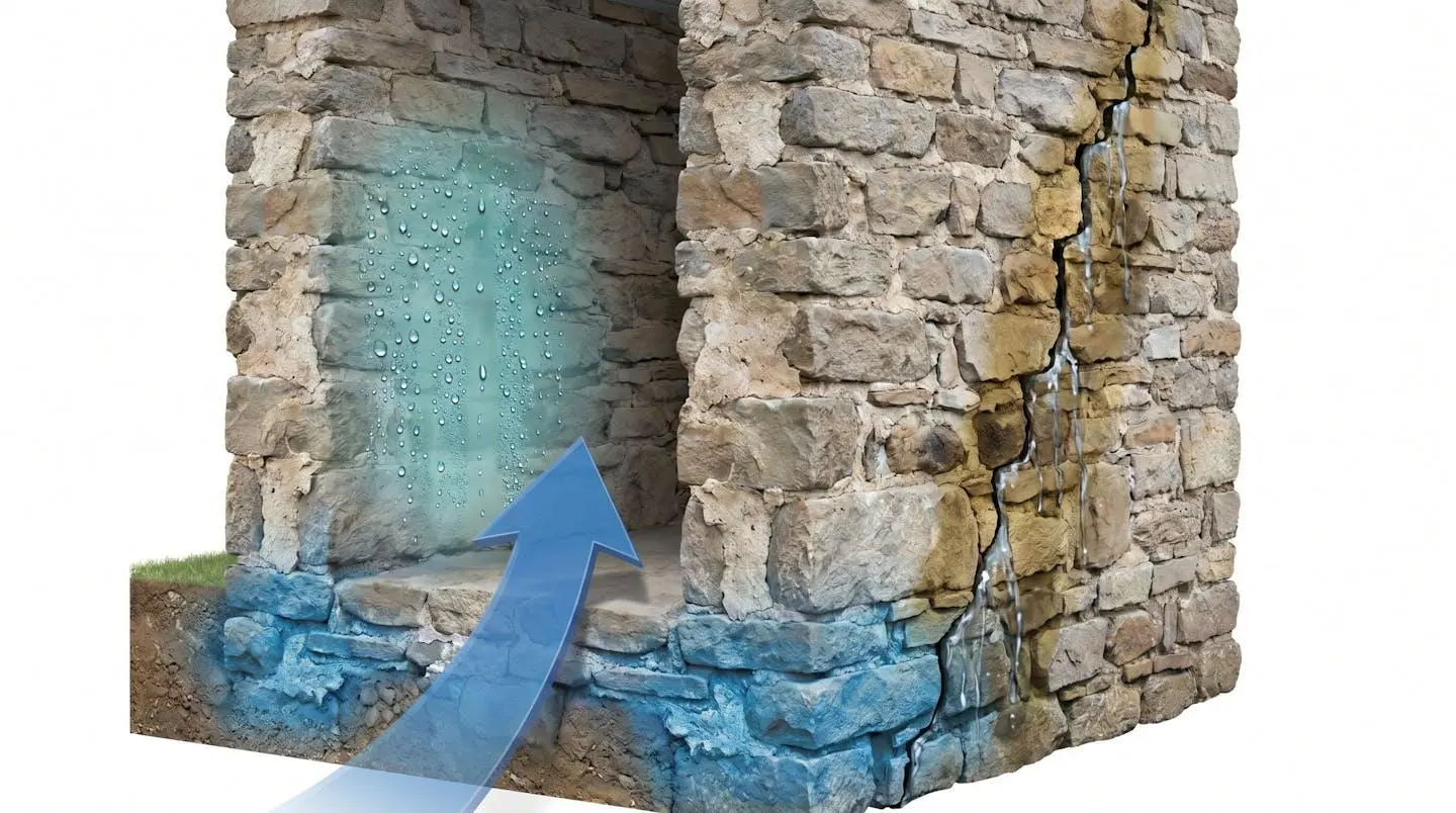 Représentation illustrée des mécanismes d'humidité dans un mur ancien : remontée capillaire depuis le sol, condensation en surface et infiltration latérale