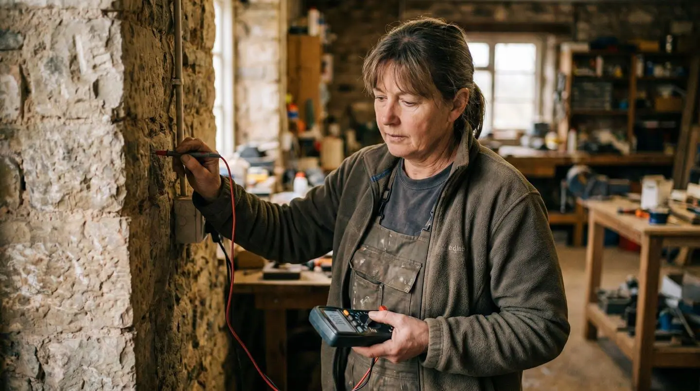 Technicien effectuant une mesure d'humidité avec un hygromètre sur un mur de maison ancienne, intérieur résidentiel
